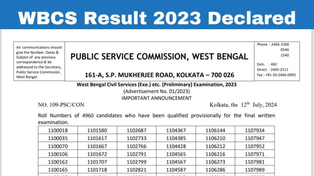 WBCS Result 2023 Declared Pdf